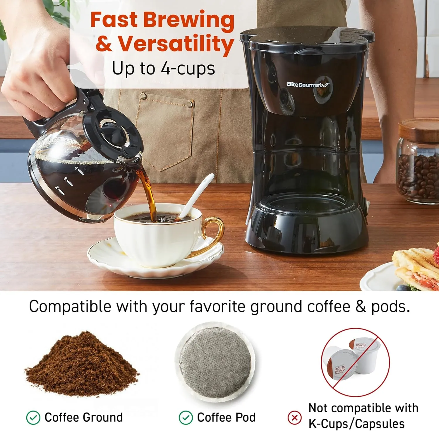 Automatic Brew & Drip Coffee Maker with Pause and Serve, Glass Carafe, Reusable Filter, On/Off Switch, Keep Warm, Water Level Indicator