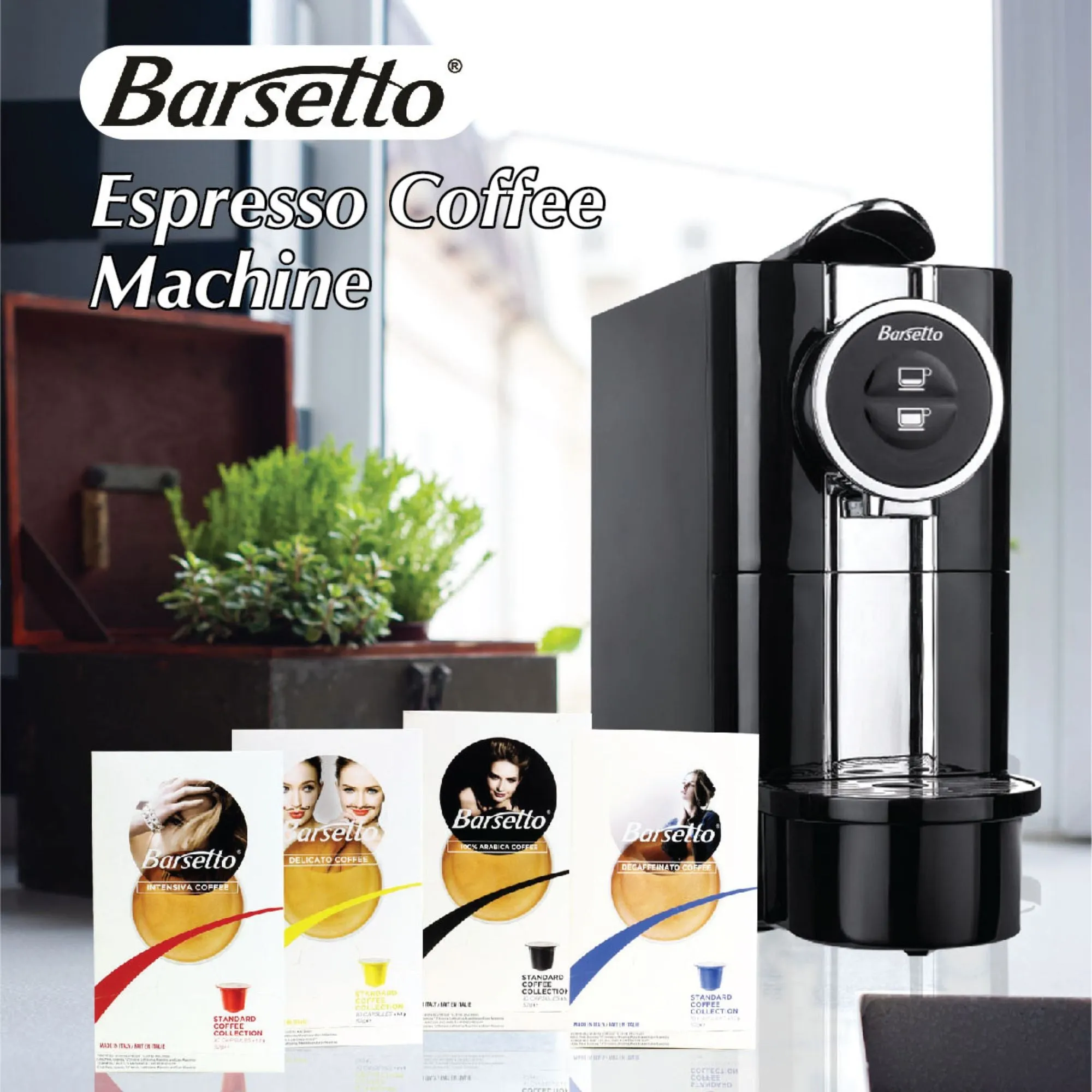 Barsetto One-Touch Espresso Maker with 19 Bar High-Pressure Pump, Fast Pre-Heating, Short or Long Shots, Compatible with Standard Espresso Coffee Pods, Black and Silver Automatic Coffee Machine