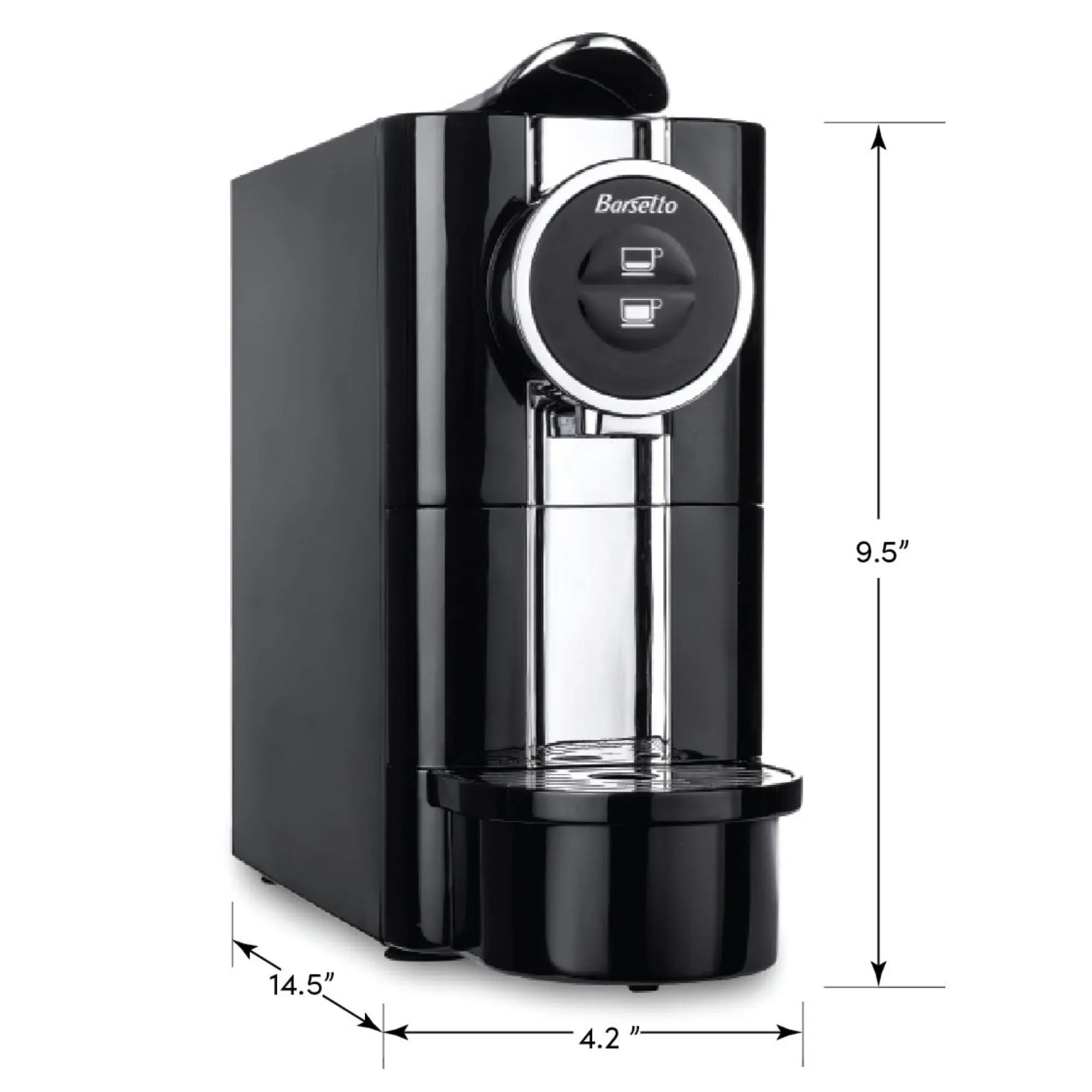 Barsetto One-Touch Espresso Maker with 19 Bar High-Pressure Pump, Fast Pre-Heating, Short or Long Shots, Compatible with Standard Espresso Coffee Pods, Black and Silver Automatic Coffee Machine