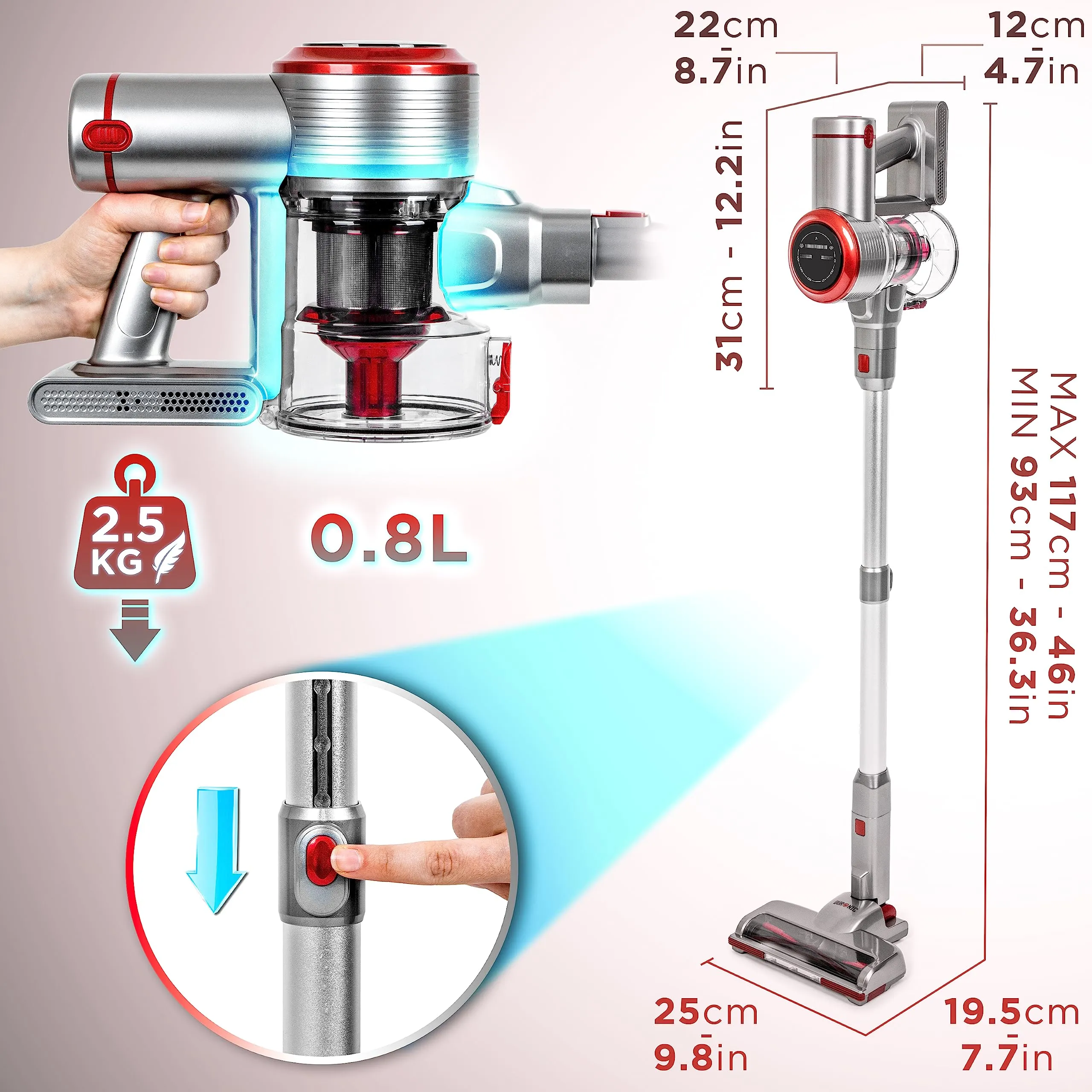 Duronic Cordless Vacuum Cleaner VC24 Rechargeable Hand Held Floor Carpet 220W Upright Stick Cleaners with Lithium Battery, Adjustable Suction for Removing Dust & Pet Hair