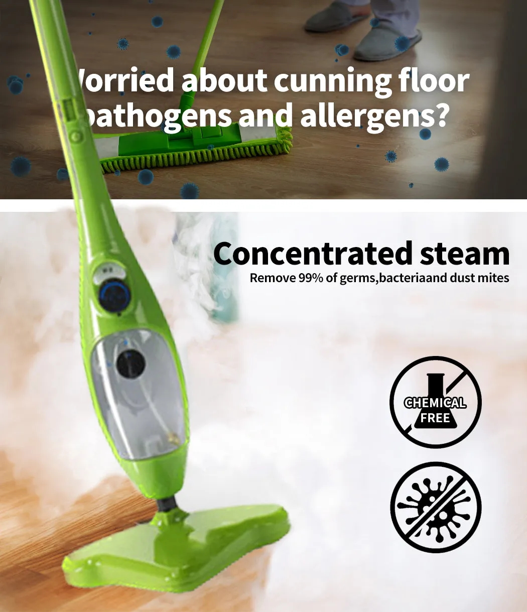 High Pressure 1300W Steam Mop, 300ml Tank, IPX4