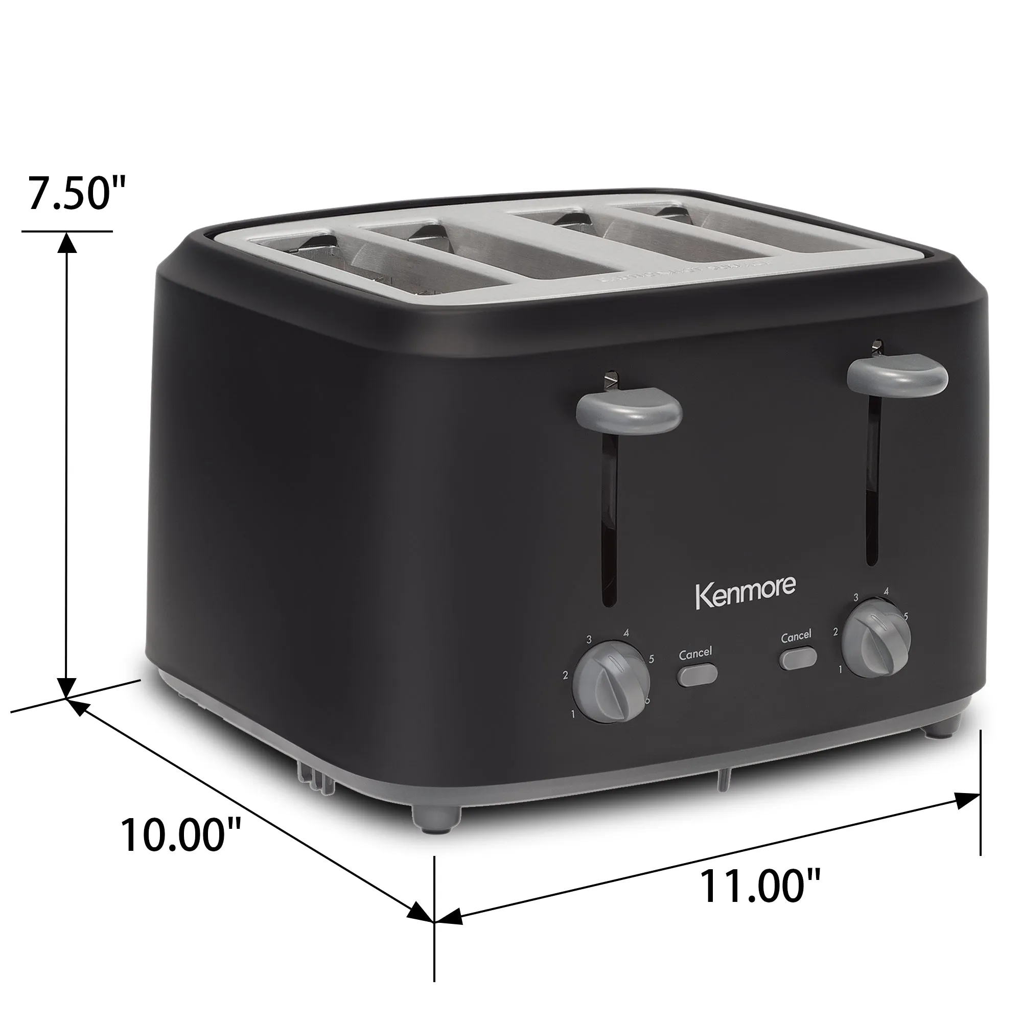 Kenmore 4-Slice Toaster with Dual Controls, Matte Black and Gray, Wide Slots, Self-Adjusting Bread Guides, Adjustable Browning, 6 Shade Settings, Toast, Bagels, Waffles, English Muffins