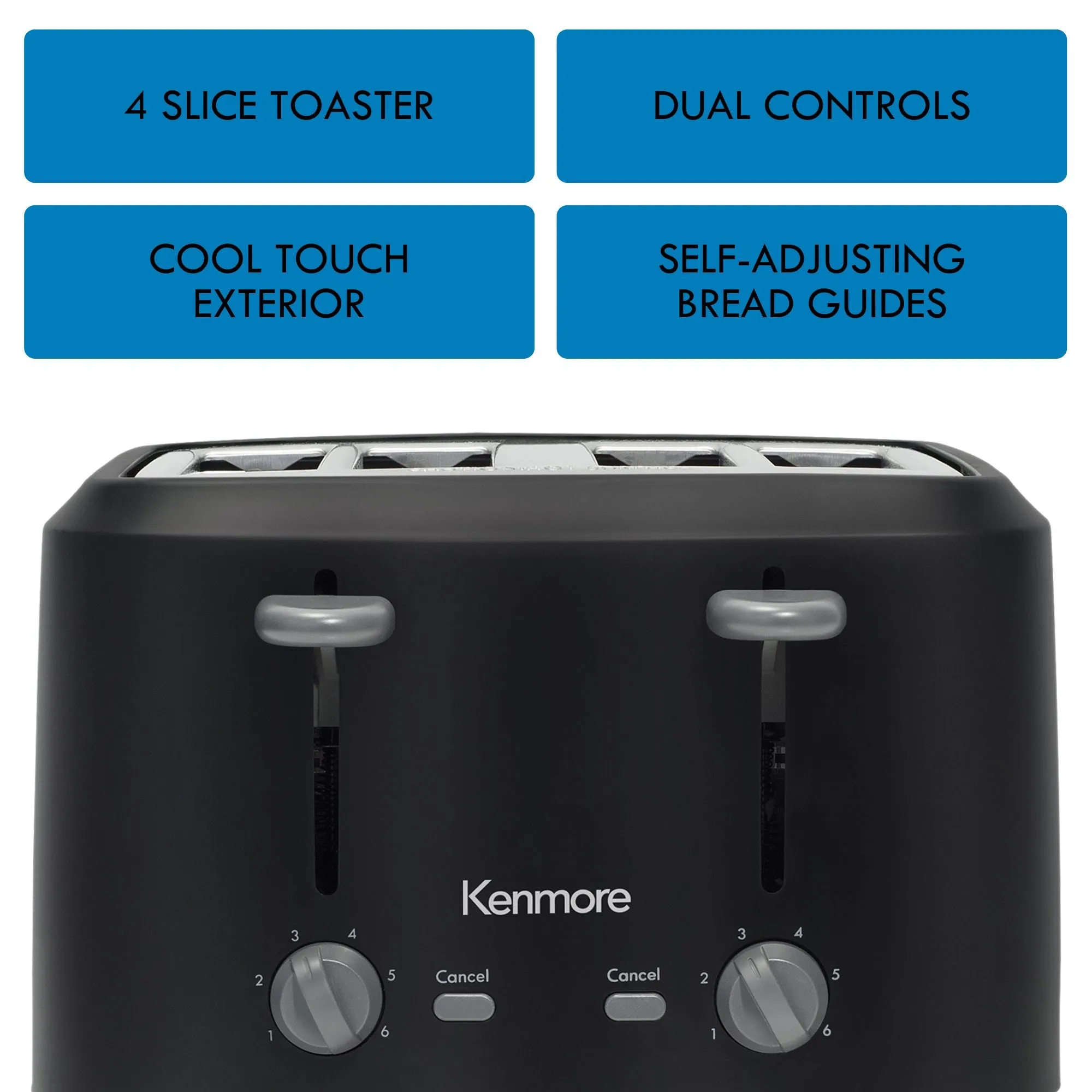 Kenmore 4-Slice Toaster with Dual Controls, Matte Black and Gray, Wide Slots, Self-Adjusting Bread Guides, Adjustable Browning, 6 Shade Settings, Toast, Bagels, Waffles, English Muffins