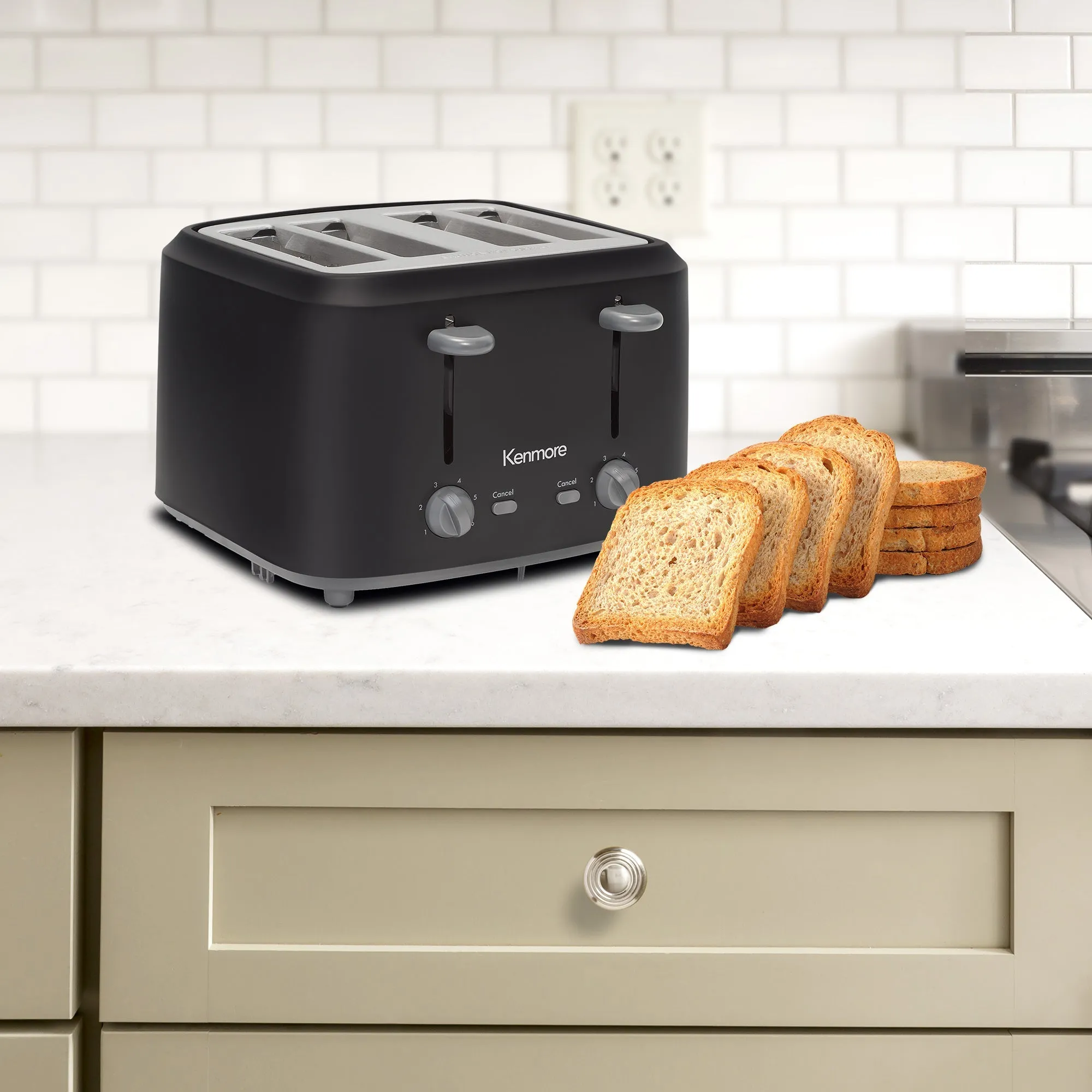 Kenmore 4-Slice Toaster with Dual Controls, Matte Black and Gray, Wide Slots, Self-Adjusting Bread Guides, Adjustable Browning, 6 Shade Settings, Toast, Bagels, Waffles, English Muffins