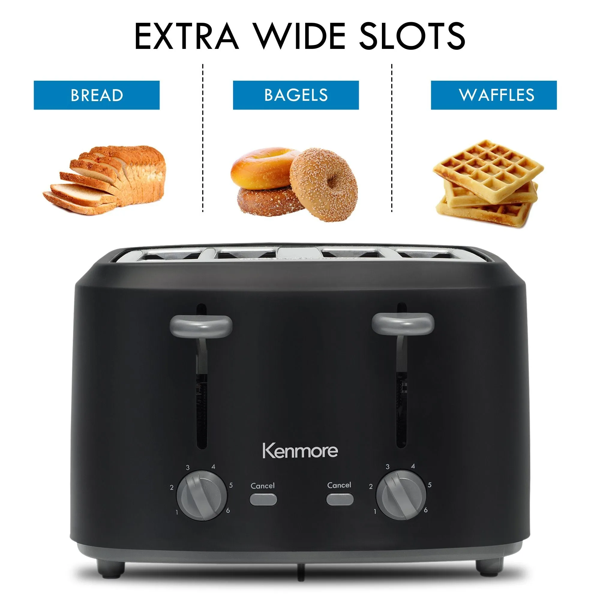 Kenmore 4-Slice Toaster with Dual Controls, Matte Black and Gray, Wide Slots, Self-Adjusting Bread Guides, Adjustable Browning, 6 Shade Settings, Toast, Bagels, Waffles, English Muffins