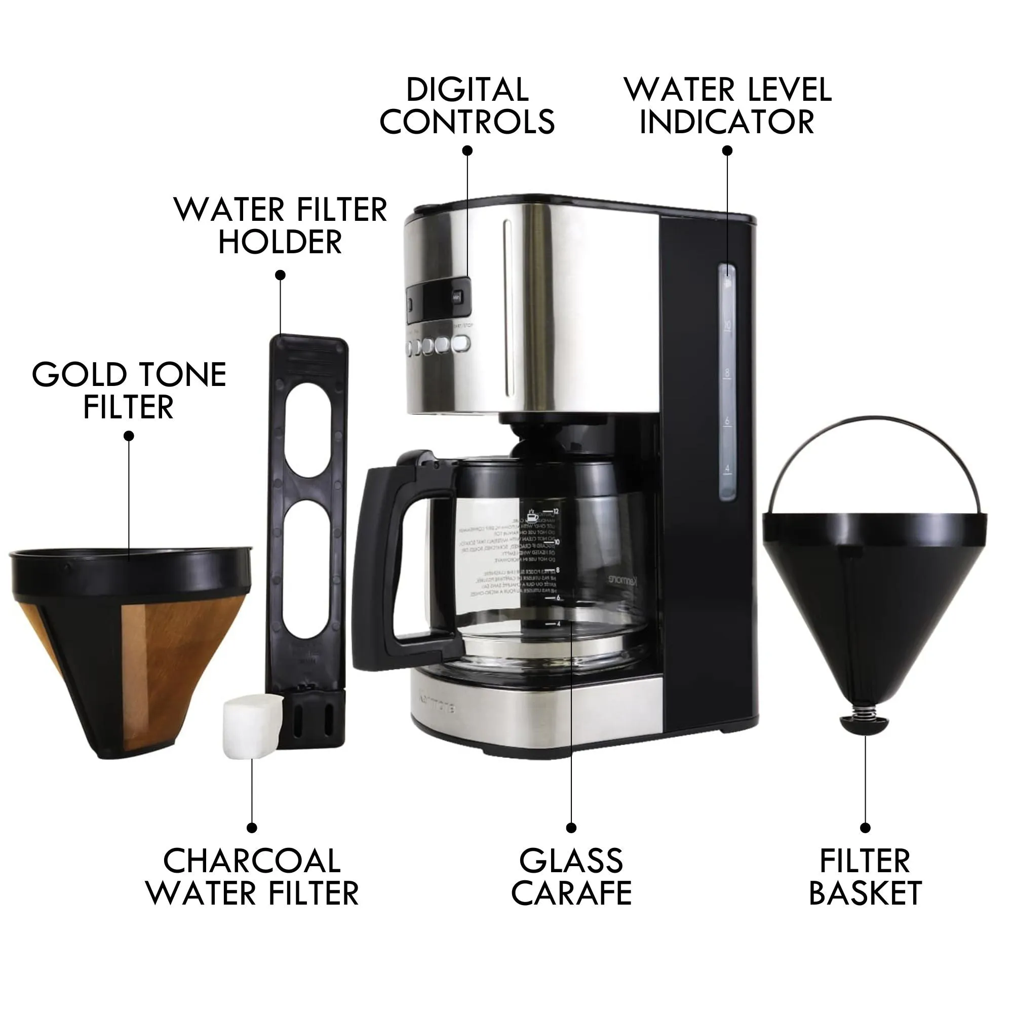 Kenmore Aroma Control 12-Cup Programmable Coffee Maker, Black and Stainless Steel Drip Coffee Machine, Glass Carafe, Reusable Filter, Timer, Digital Display Charcoal Water Filter, Regular or Bold