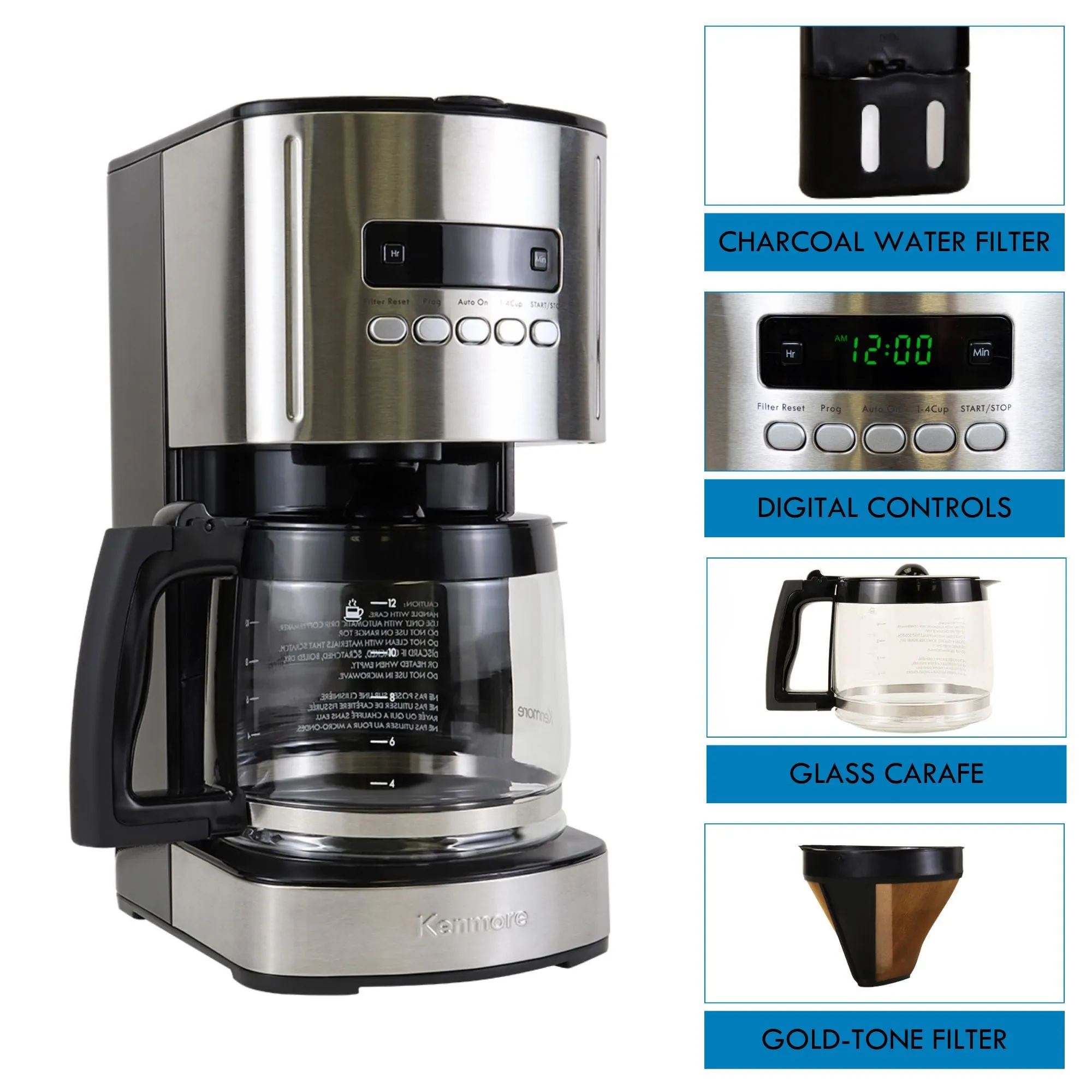 Kenmore Aroma Control 12-Cup Programmable Coffee Maker, Black and Stainless Steel Drip Coffee Machine, Glass Carafe, Reusable Filter, Timer, Digital Display Charcoal Water Filter, Regular or Bold