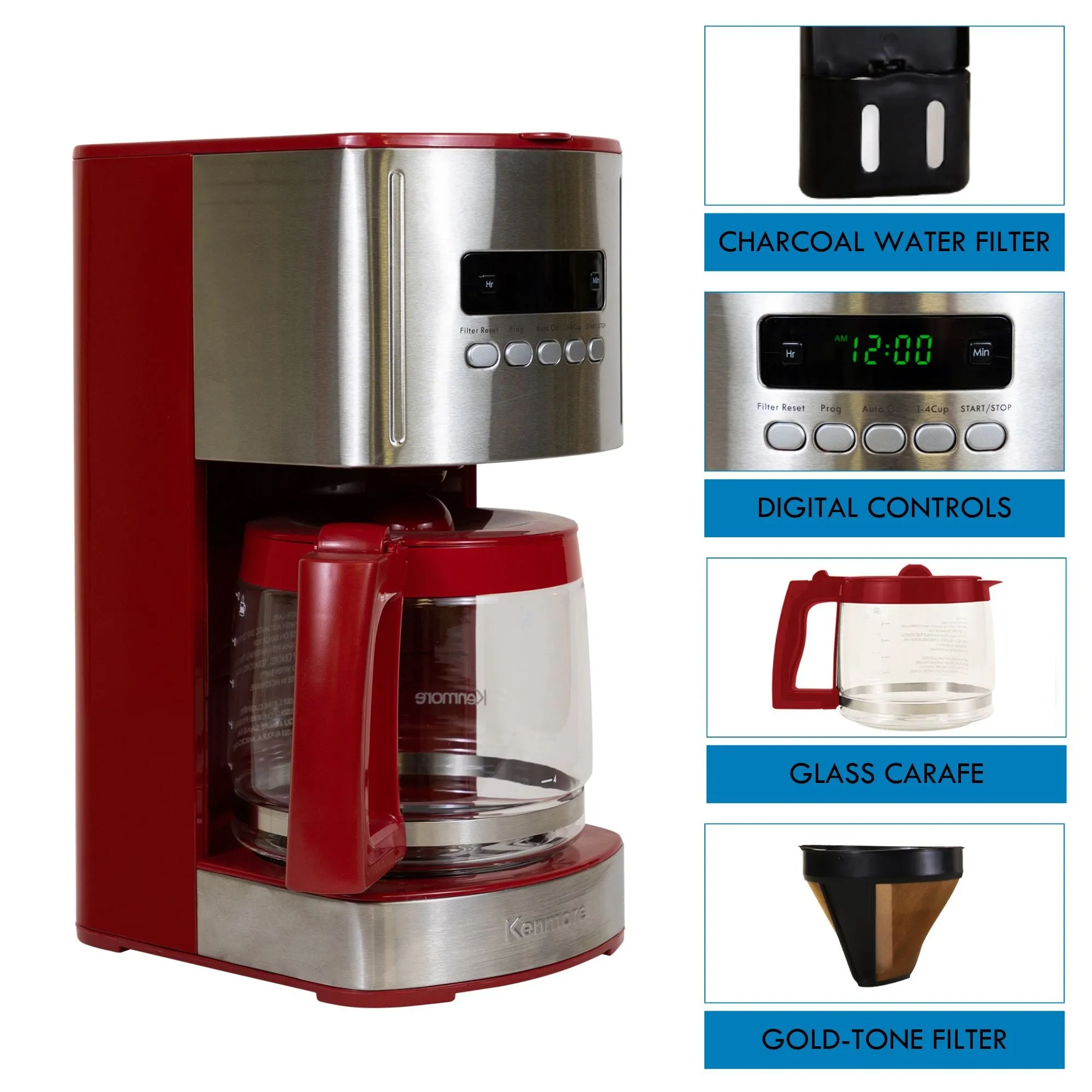 Kenmore Aroma Control 12-Cup Programmable Coffee Maker, Red and Stainless Steel Drip Coffee Machine, Glass Carafe, Reusable Filter, Timer, Digital Display Charcoal Water Filter, Regular or Bold