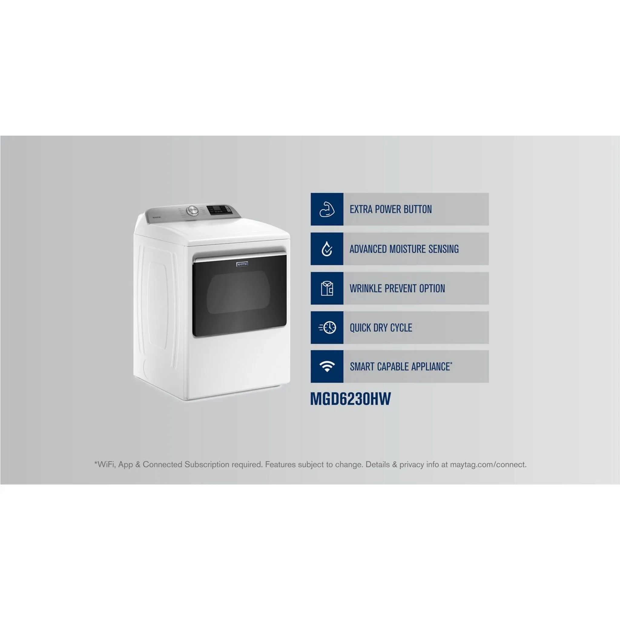 Maytag Smart Top Load Gas Dryer with Extra Power Button - 7.4 cu. ft. (MGD6230HW)