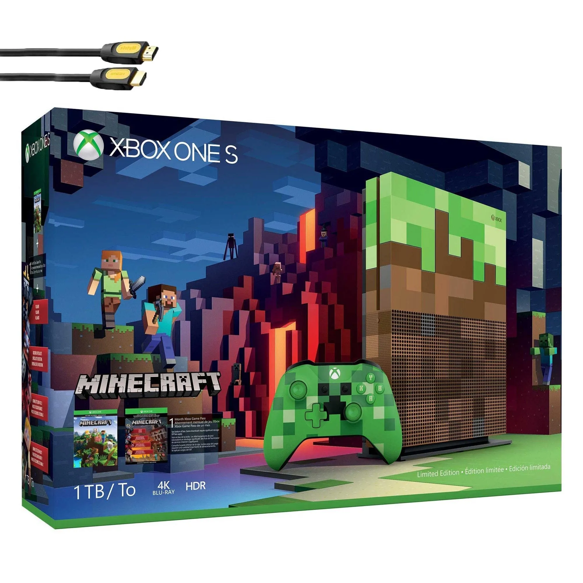 Microsoft 23C-00001 Xbox One S Minecraft Limited Edition 1TB Gaming Console with 2 Controller Included BOLT AXTION Bundle Refurbished