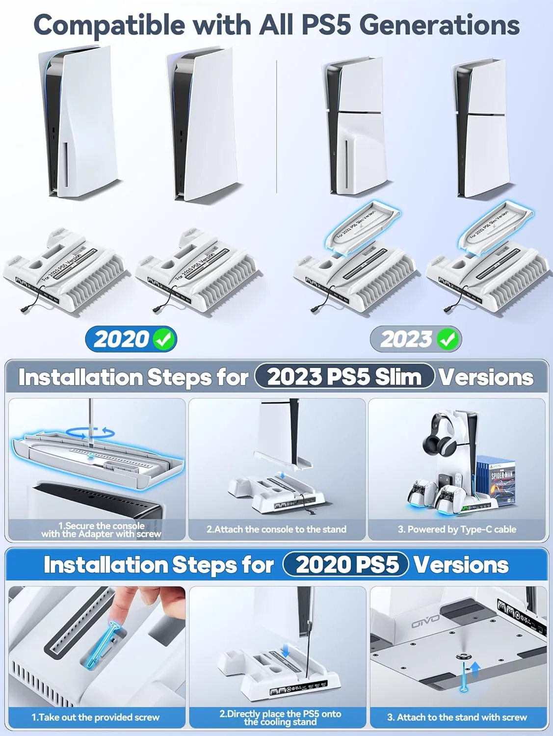 PS5 / PS5 Slim Stand and Cooling Station with RGB LED Controller Charging Station for Playstation 5 Console, PS5 Controller Charger, PS5 / PS5 Slim Accessories with 3 Level Cooling Fan