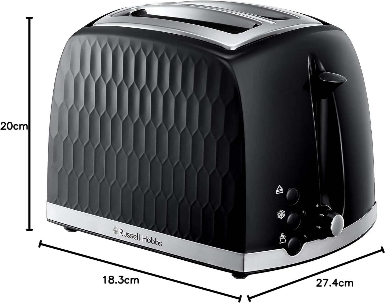 Russell Hobbs Honeycomb 2 Slice Toaster -  with Extra Wide Slots and High Lift Feature, Black